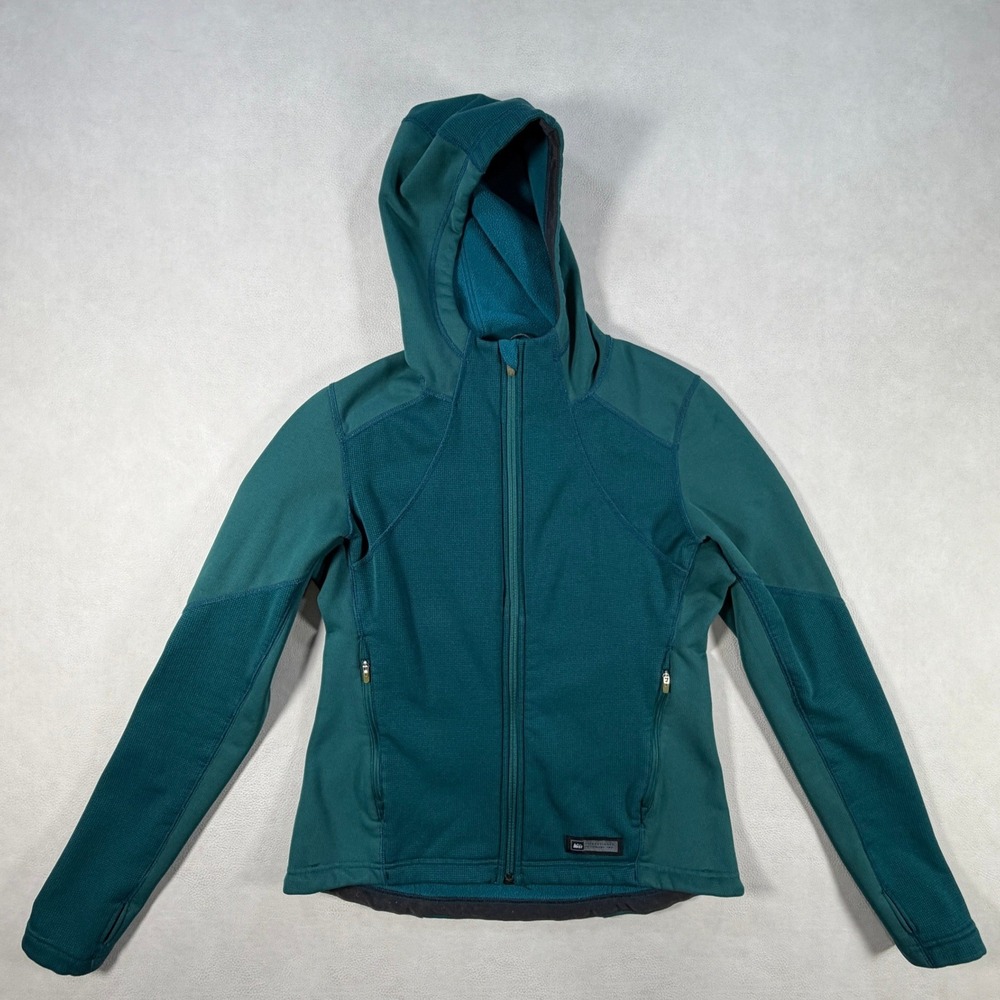 REI Polartec Fleece Hoodie Womens Teal Blue‎ Full Zip Thumbholes Jacket
